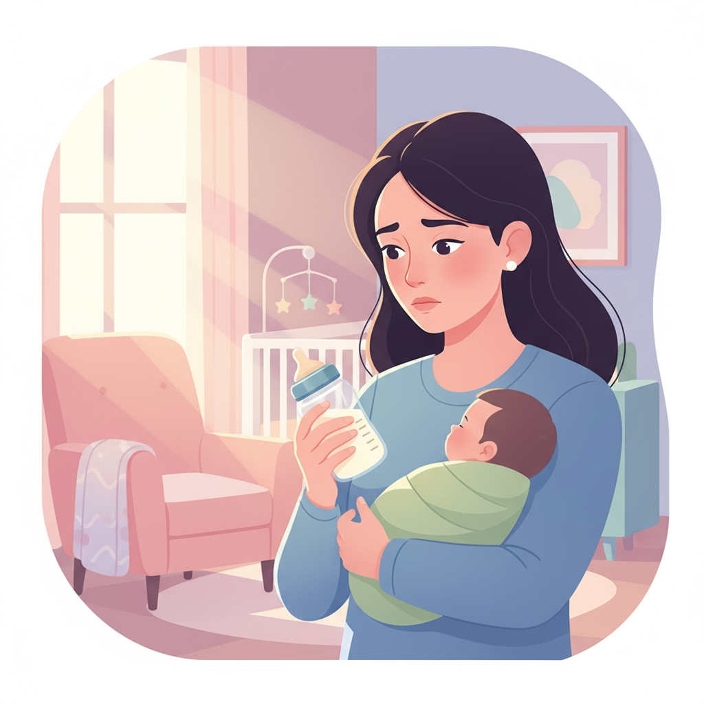 A distressed mother cradling her baby, looking thoughtfully at a milk bottle, with soft, natural light emphasizing a sense of questioning and contemplation.