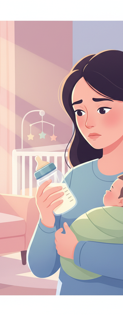 A distressed mother cradling her baby, looking thoughtfully at a milk bottle, with soft, natural light emphasizing a sense of questioning and contemplation.
