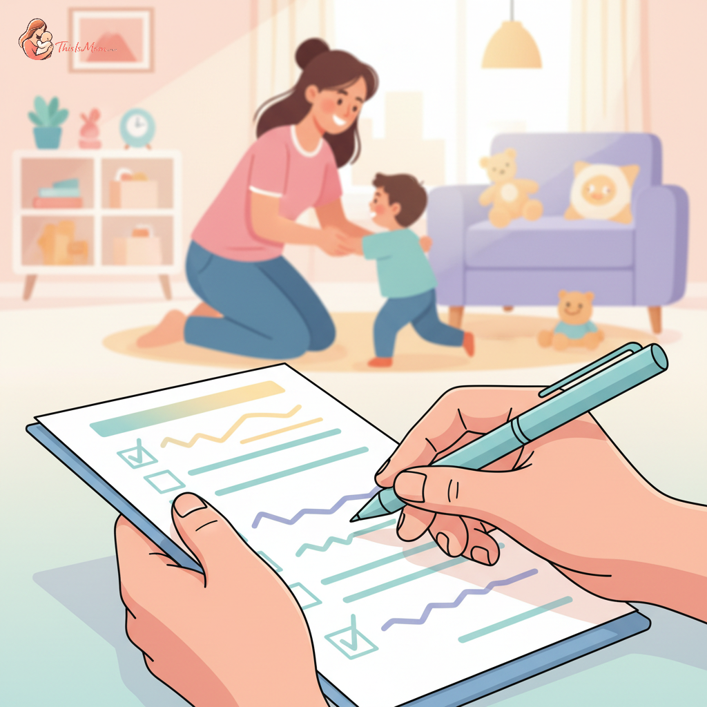 A diverse group of parents interviewing a professional nanny, holding a checklist, discussing child safety and emergency preparedness seriously, with child-friendly elements faintly in the background.