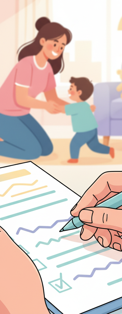A diverse group of parents interviewing a professional nanny, holding a checklist, discussing child safety and emergency preparedness seriously, with child-friendly elements faintly in the background.