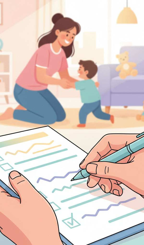 A diverse group of parents interviewing a professional nanny, holding a checklist, discussing child safety and emergency preparedness seriously, with child-friendly elements faintly in the background.