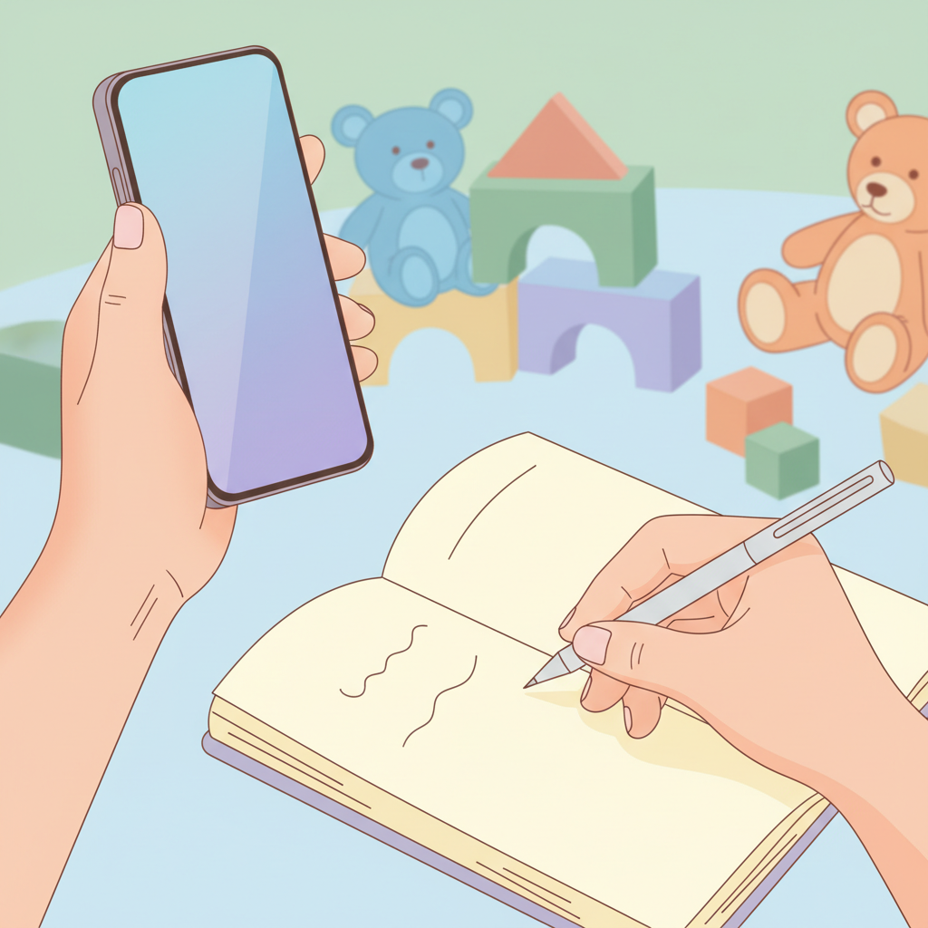 A person on the phone, holding a pen and notepad, clearly engaged in an important discussion, with blurred elements of a playful children's room in the background, suggesting a topic related to childcare and careful decision-making.