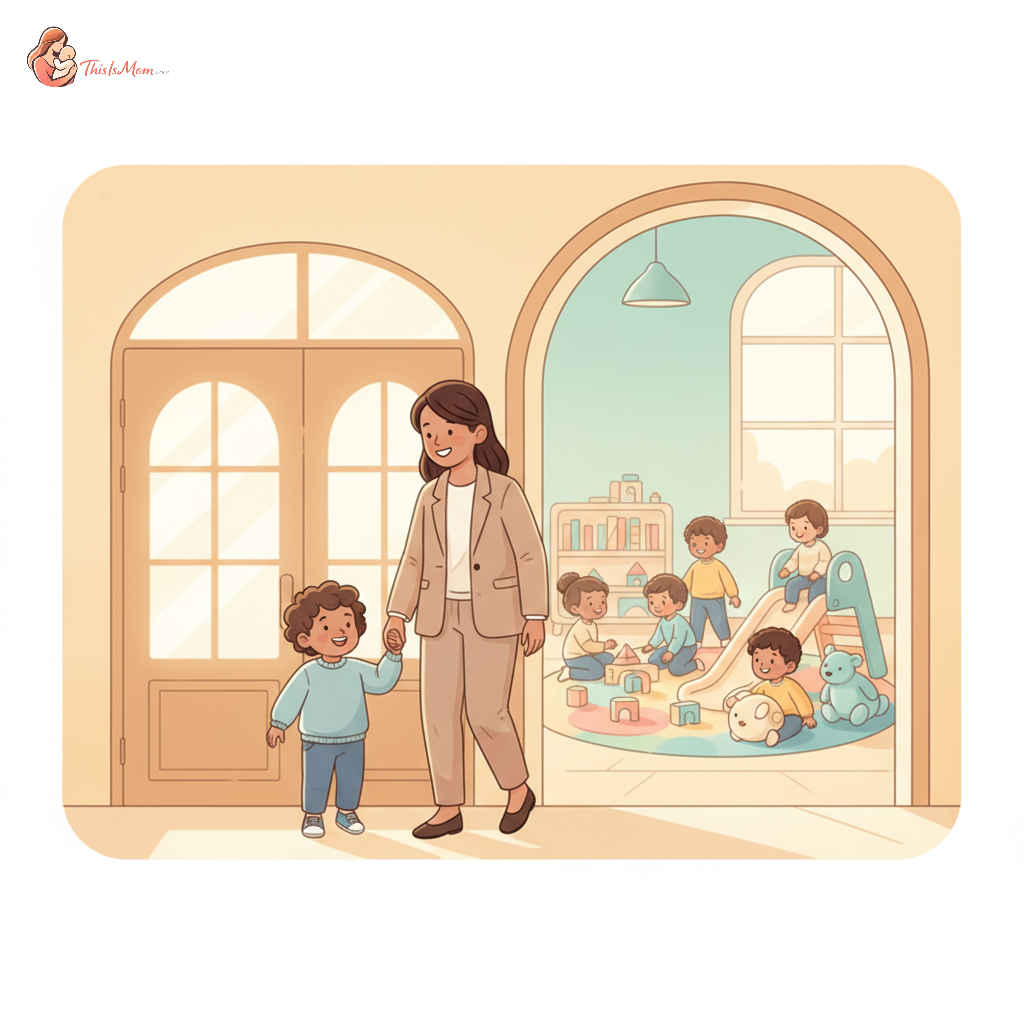 A smiling toddler holding hands with a parent, looking excitedly towards a colorful daycare entrance with other children playing happily in the background.