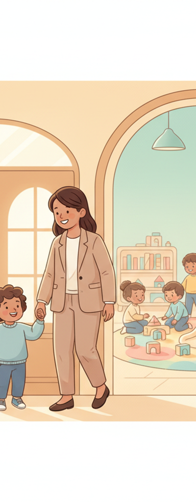A smiling toddler holding hands with a parent, looking excitedly towards a colorful daycare entrance with other children playing happily in the background.