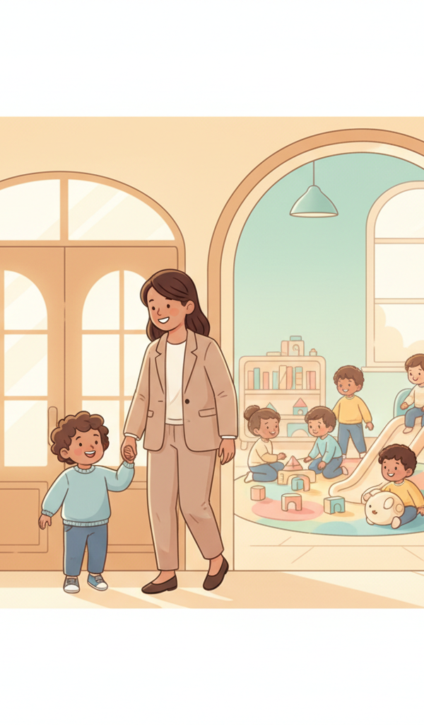 A smiling toddler holding hands with a parent, looking excitedly towards a colorful daycare entrance with other children playing happily in the background.