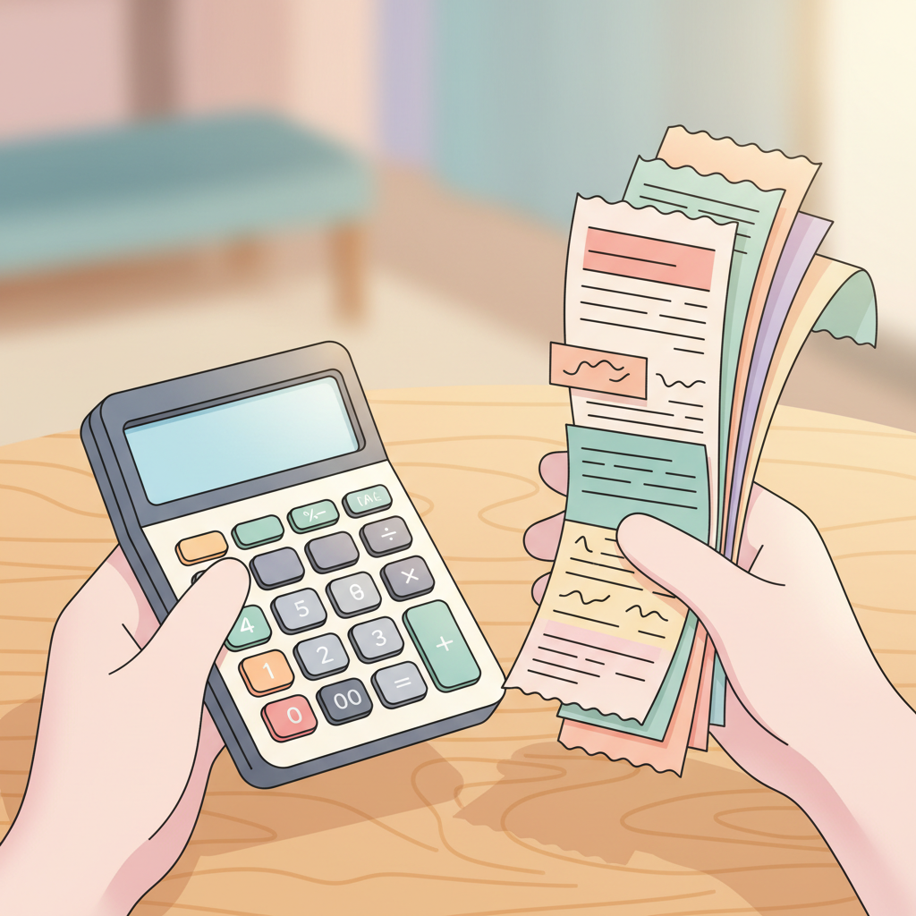 A parent carefully reviewing tax documents and childcare expense receipts at a kitchen table.
