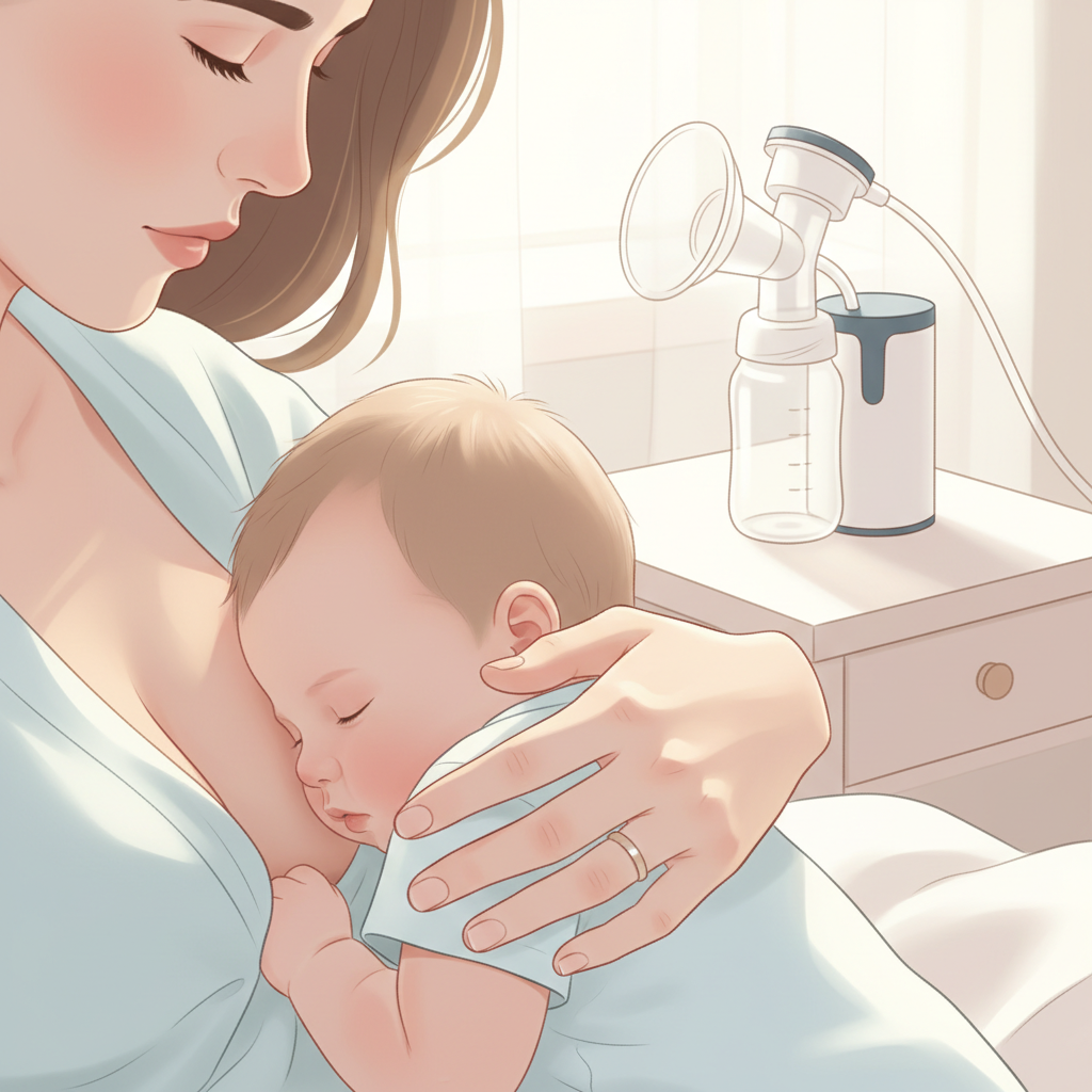 A tired but determined mother gently holding her baby while looking contemplatively at a breast pump on a nearby table, surrounded by a soft, comforting glow.