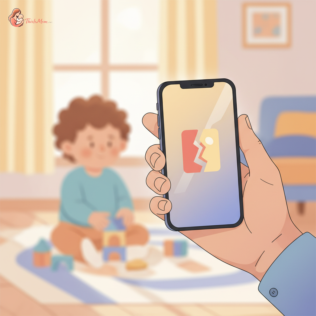 Stressed parent looking at phone with child in foreground, signifying unexpected daycare closure due to staff shortages.