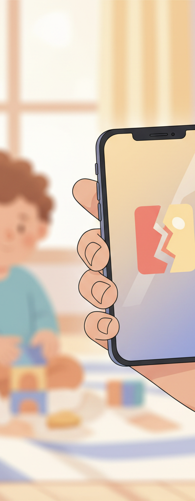 Stressed parent looking at phone with child in foreground, signifying unexpected daycare closure due to staff shortages.