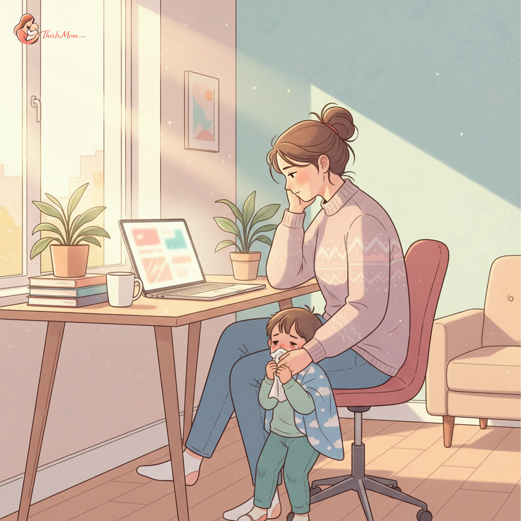 Exhausted parent trying to work on a laptop while a child with a runny nose leans on them
