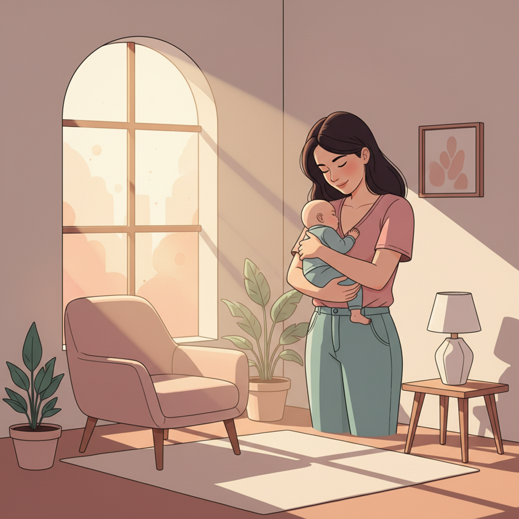 Woman holding her baby, looking thoughtful and serene