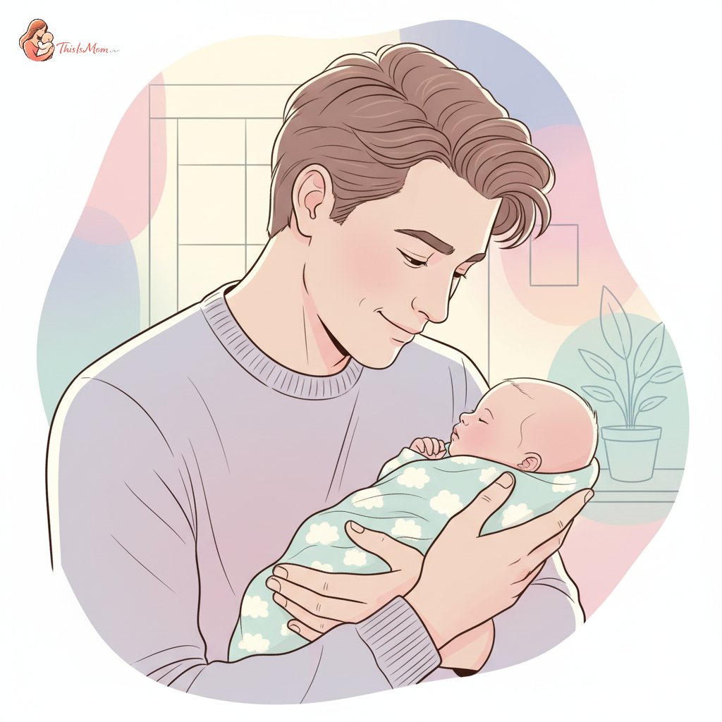 A new father gently cradling his newborn baby, with a soft, warm light illuminating their faces, symbolizing connection and comfort.