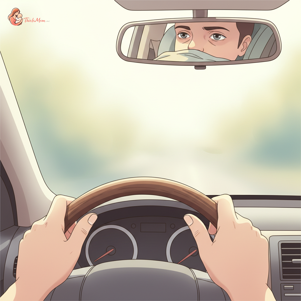 Exhausted parent driving a car with a baby in the back seat, looking tired but focused, in a safe and calm environment.