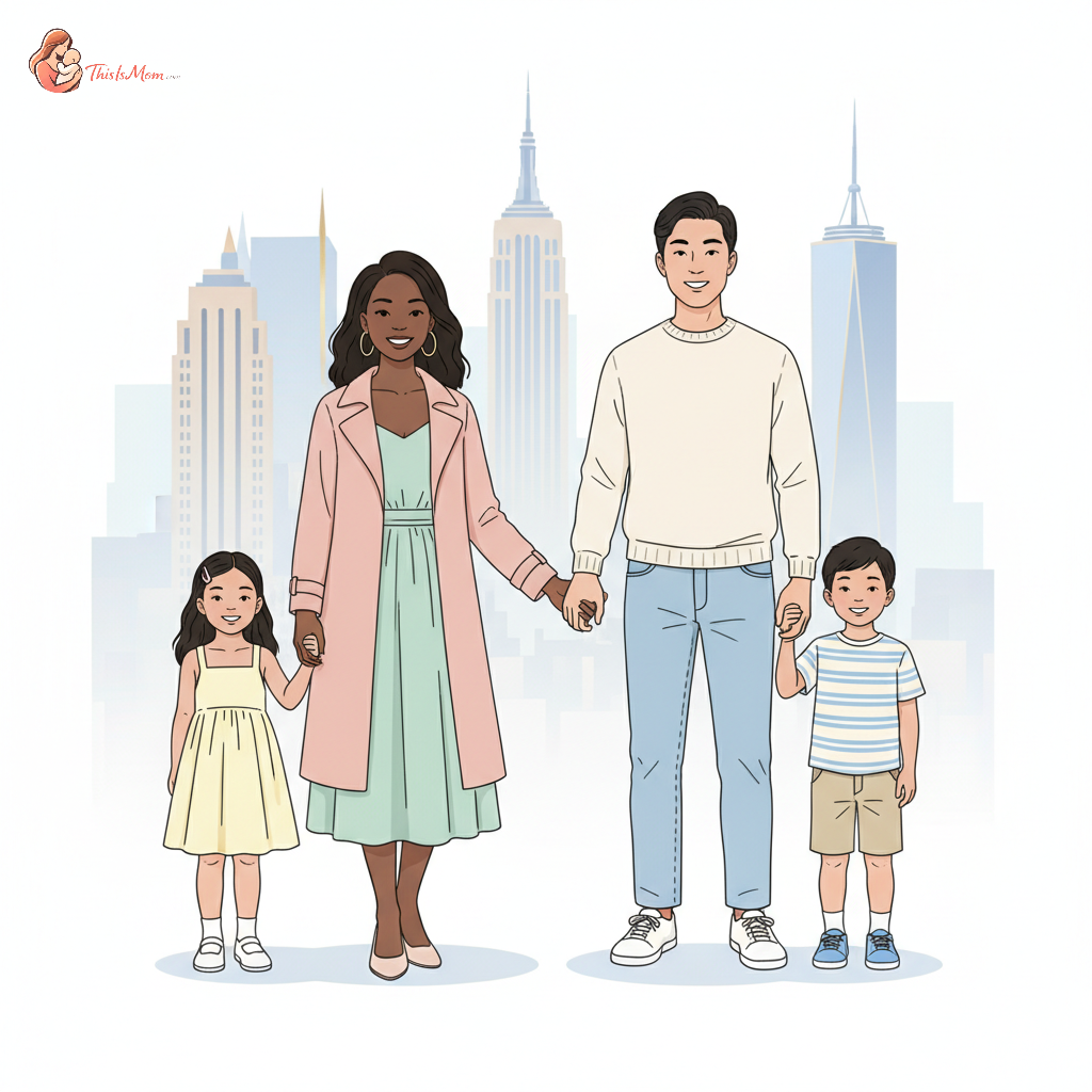 Happy New York family with two children, a parent holding a child, and the New York City skyline visible in the background, symbolizing state-specific financial support.