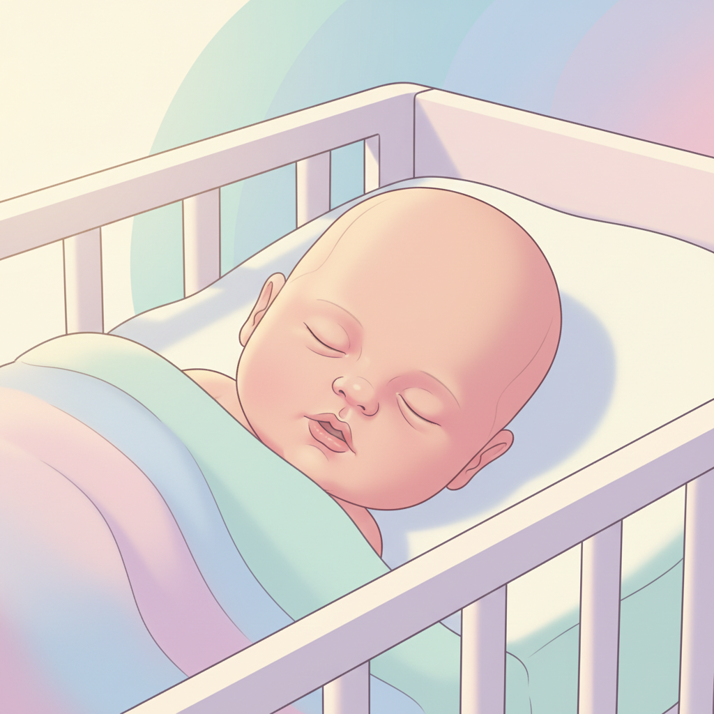 A close-up of a sleeping newborn's face, with a slight furrow in their brow as if making a soft grunt, in a neutral-toned crib with a gentle, out-of-focus background.