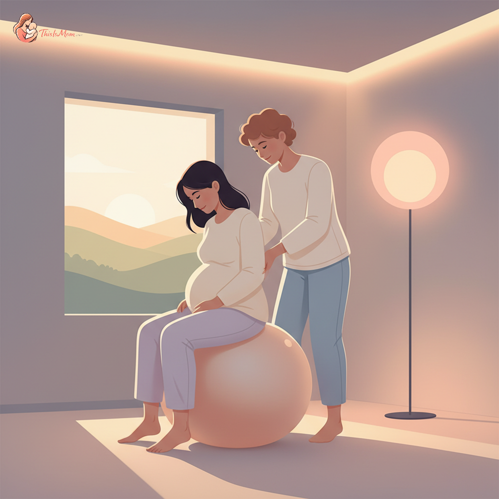 A pregnant person, visibly in labor, is leaning over a birth ball, supported by a partner or doula who is applying counter-pressure to their lower back. The scene is calm, with soft, warm lighting.