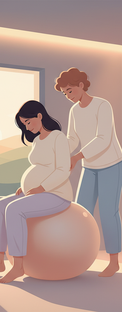 A pregnant person, visibly in labor, is leaning over a birth ball, supported by a partner or doula who is applying counter-pressure to their lower back. The scene is calm, with soft, warm lighting.