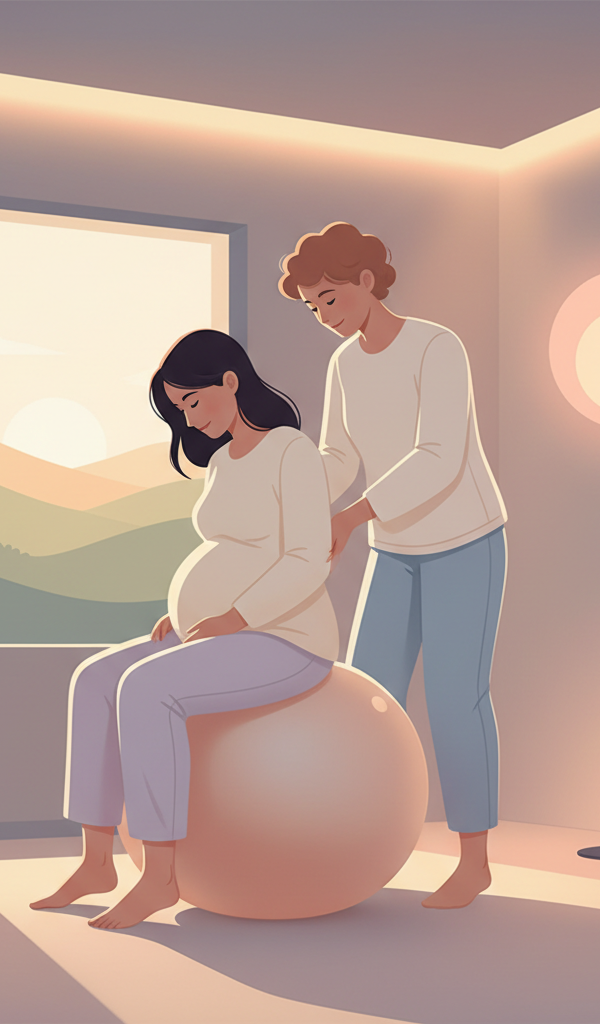 A pregnant person, visibly in labor, is leaning over a birth ball, supported by a partner or doula who is applying counter-pressure to their lower back. The scene is calm, with soft, warm lighting.