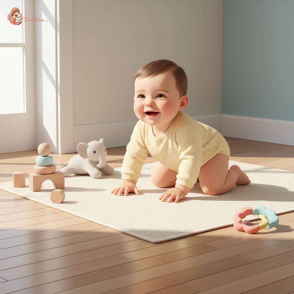Happy baby crawling on a soft, textured non-toxic playmat on hardwood floors, with natural light streaming in