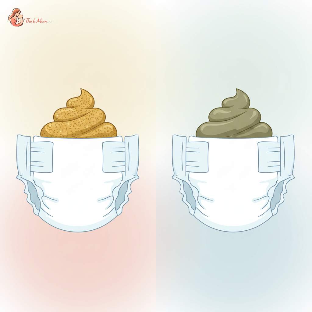 Close-up of a baby's diaper with different types of baby poop for comparison, labeled 'Breastmilk' (yellow, seedy) and 'Gentlease Formula' (greenish-brown, pasty).