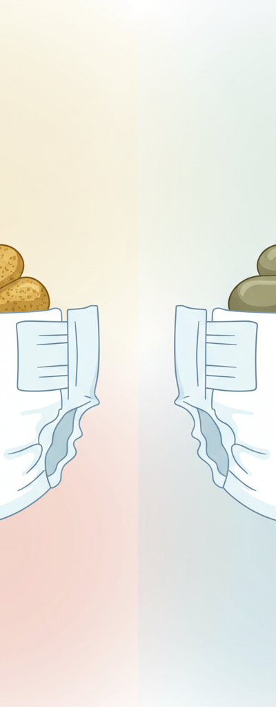 Close-up of a baby's diaper with different types of baby poop for comparison, labeled 'Breastmilk' (yellow, seedy) and 'Gentlease Formula' (greenish-brown, pasty).