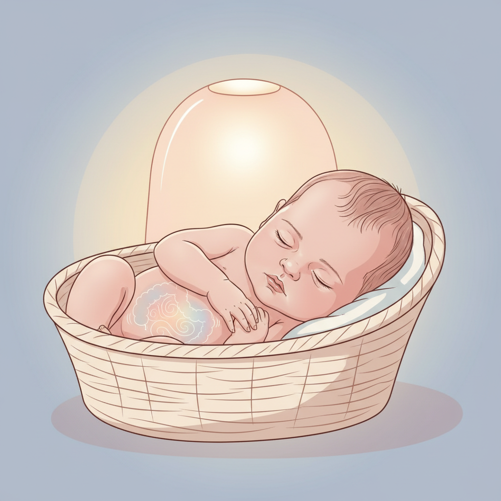 A baby sleeping peacefully in a dimly lit nursery, with soft grunting sounds depicted by subtle, almost invisible sound waves around their crib.