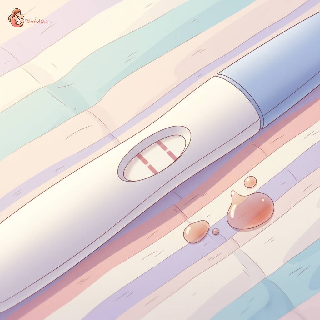 A close-up image of a pregnancy test showing a positive result, placed on a soft, light-colored fabric, with a few drops of very light pink or brown liquid barely visible nearby, suggesting very light spotting.