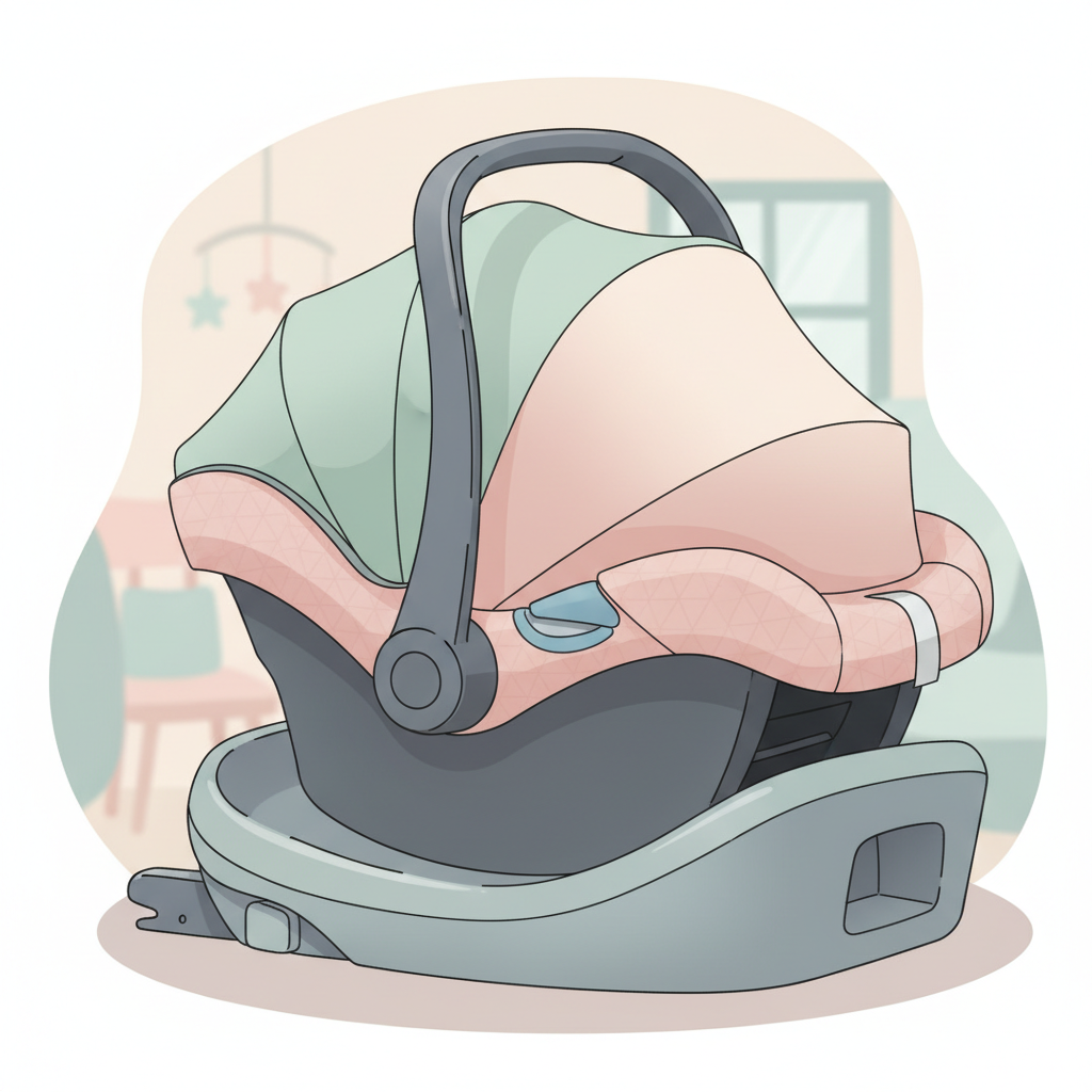 A neutral-toned infant car seat with a black canopy and gray harness straps shown on a car seat base.