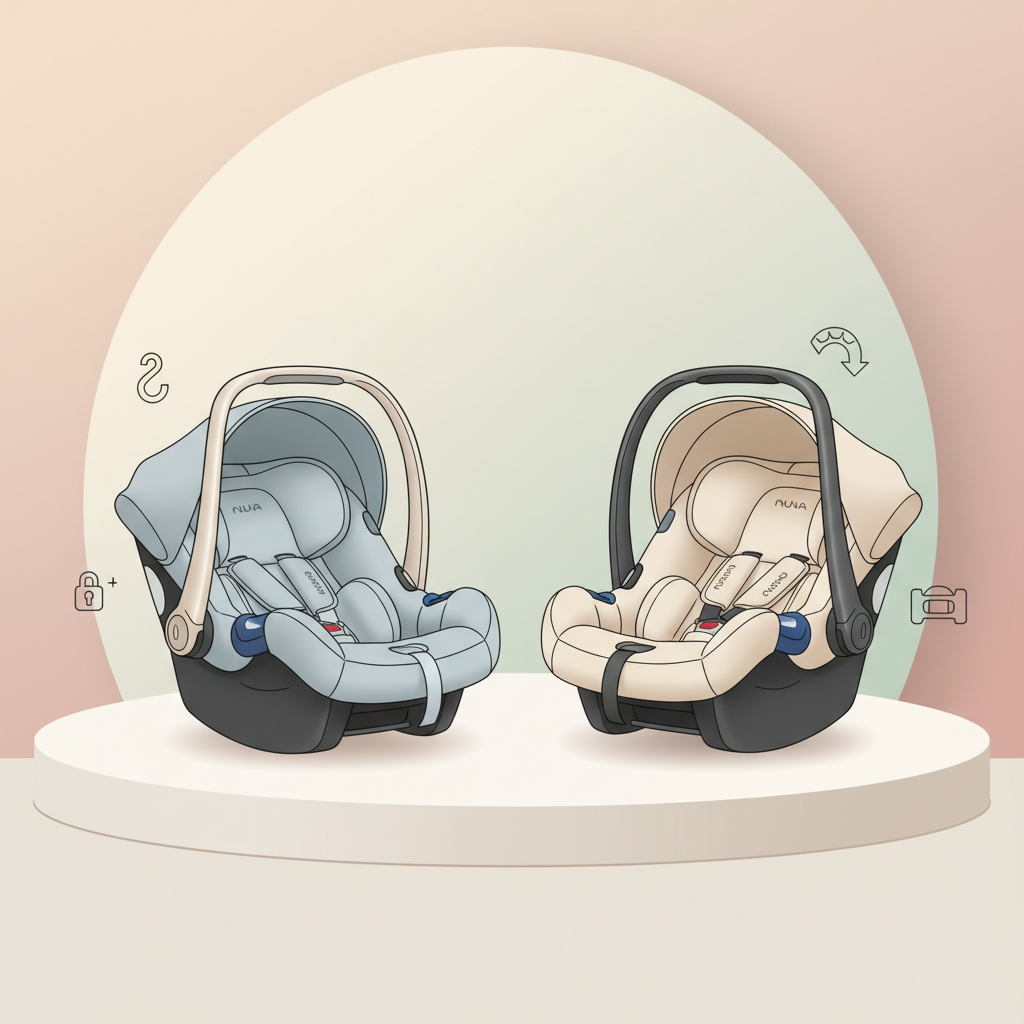 Side-by-side comparison of Nuna PIPA Urbn and Nuna PIPA RX Recline infant car seats, with key features highlighted via icons.
