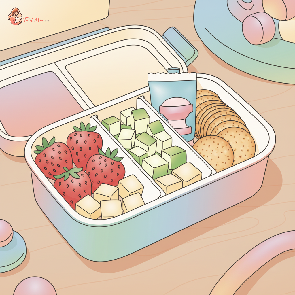 A colorful bento box filled with a variety of nut-free snacks suitable for a 2-year-old at daycare, with fresh fruit, cheese sticks, and a small container of hummus.