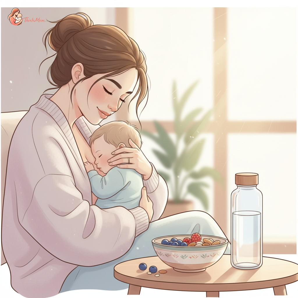 A tired but content new mother breastfeeding her baby in a cozy, sunlit room, with a healthy snack and water bottle nearby.