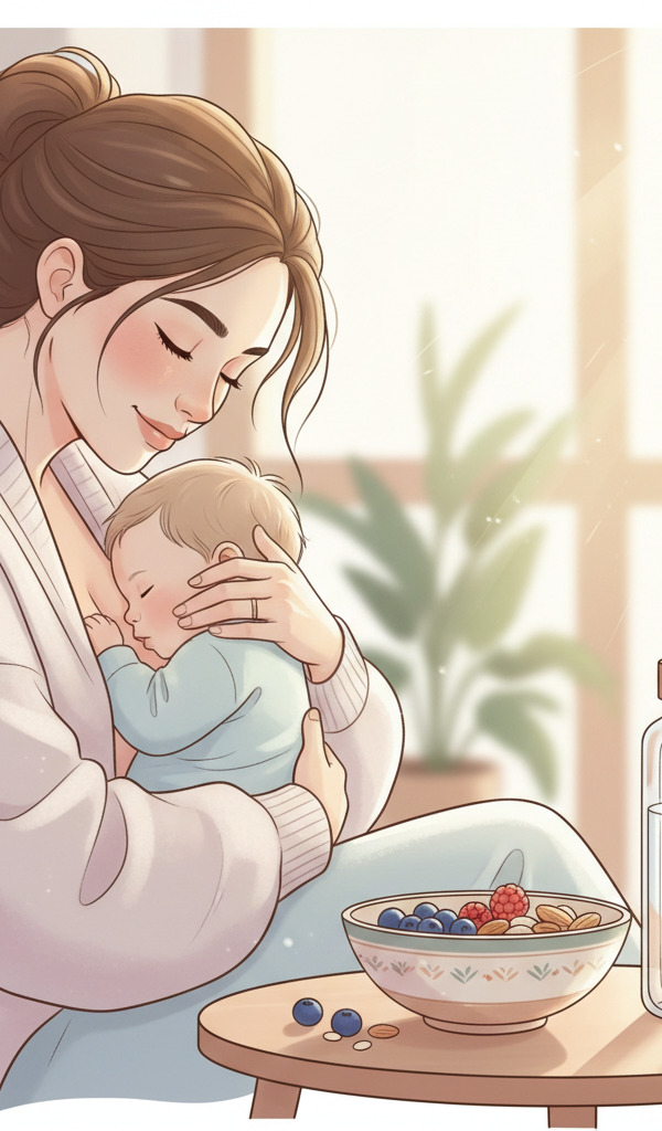 A tired but content new mother breastfeeding her baby in a cozy, sunlit room, with a healthy snack and water bottle nearby.