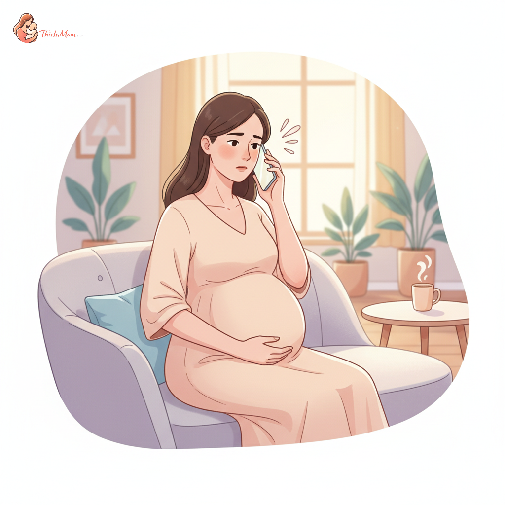 A visibly pregnant woman, around 39 weeks, holding her baby bump and looking thoughtful or slightly anxious while holding a phone, sitting in a softly lit, comfortable home environment.