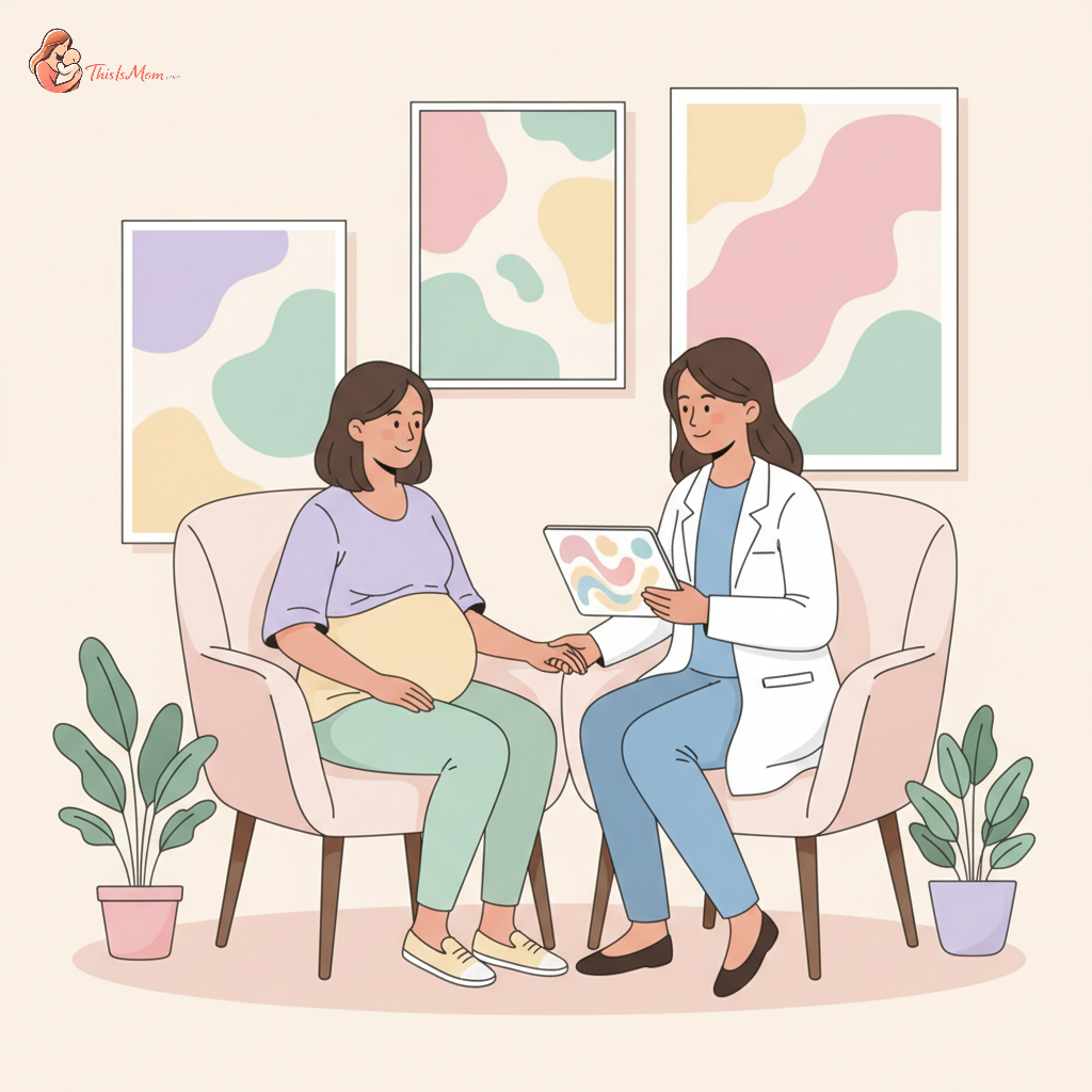 Pregnant woman discussing birth plan with her doctor, looking engaged and empowered, with a supportive partner beside her.