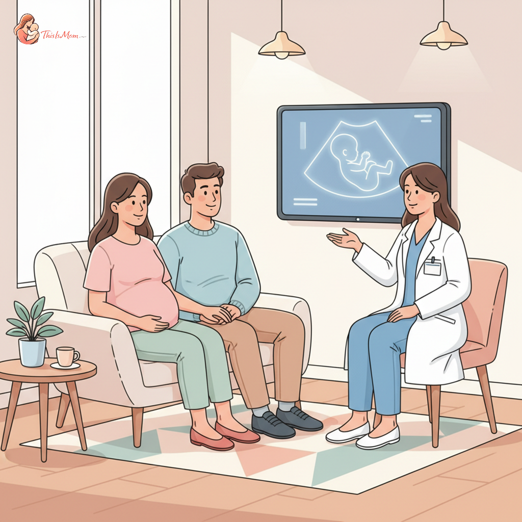 Pregnant woman with a supportive partner, looking at an ultrasound image with a Maternal-Fetal Medicine specialist in a modern, comforting clinic setting, symbolizing expert care for high-risk pregnancy referrals.