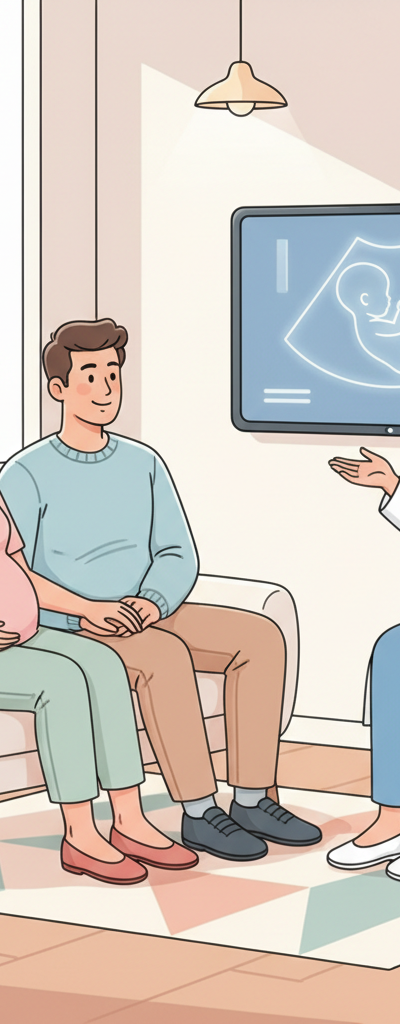Pregnant woman with a supportive partner, looking at an ultrasound image with a Maternal-Fetal Medicine specialist in a modern, comforting clinic setting, symbolizing expert care for high-risk pregnancy referrals.