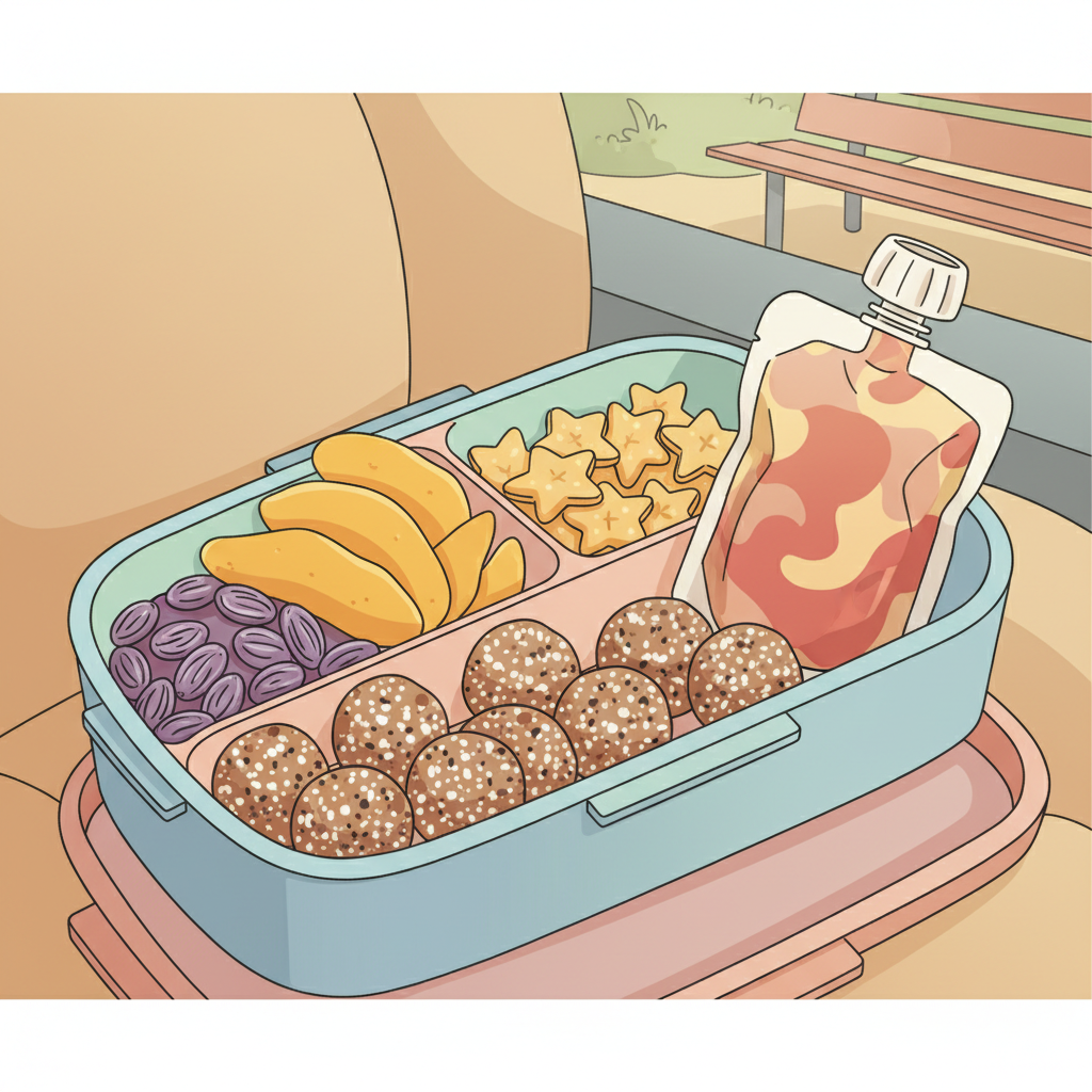 A colorful bento box filled with various non-perishable toddler snacks like fruit slices, mini crackers, and cheese sticks, surrounded by children's toys and a small water bottle.
