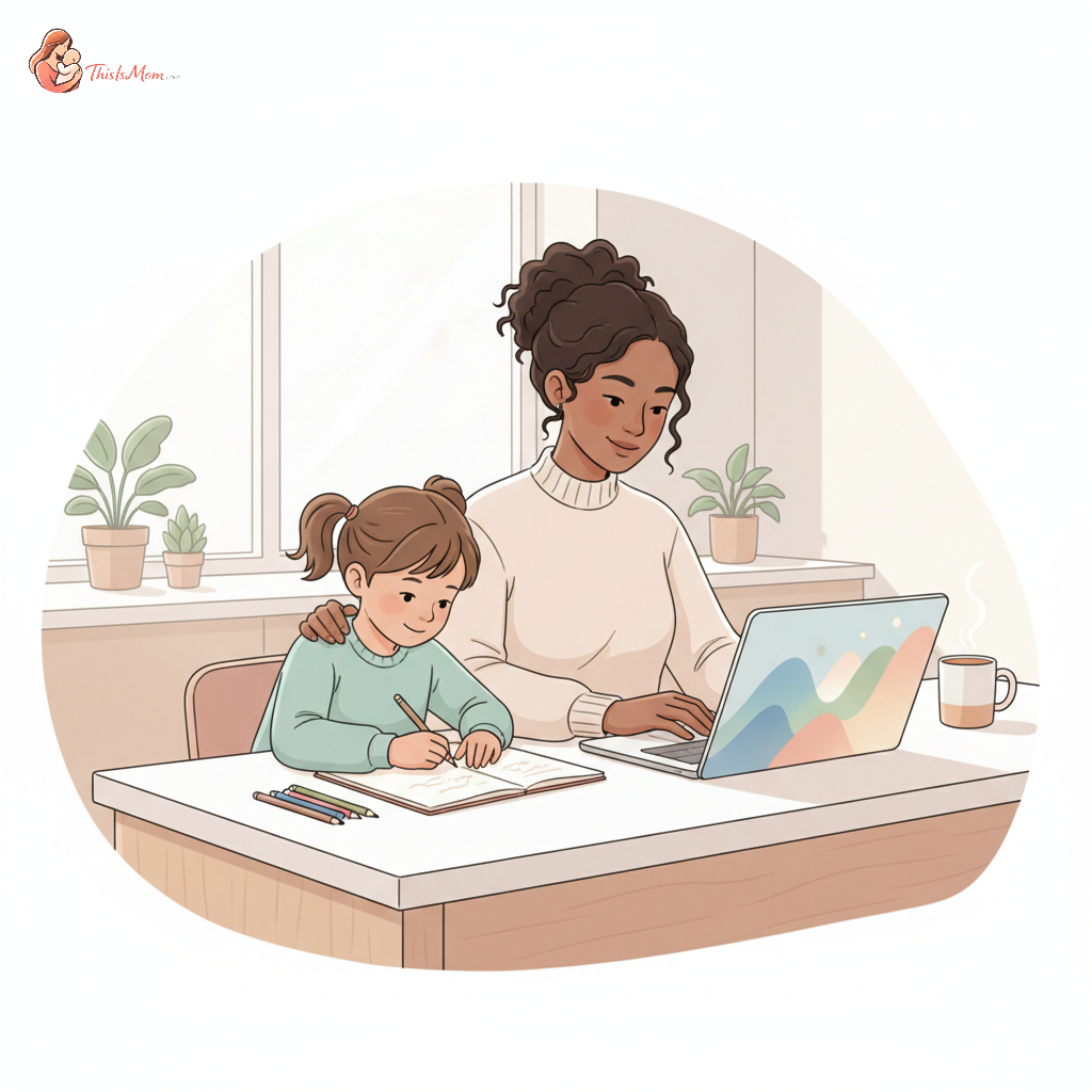 A single parent with a child, looking confidently at a laptop with financial charts, symbolizing planning for future security and life insurance.