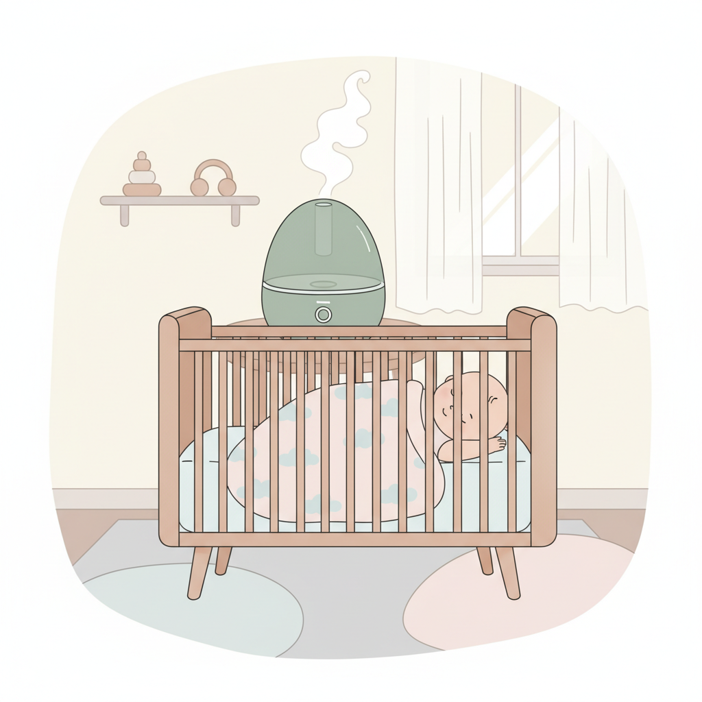 A peaceful baby sleeping soundly in a crib with a cool-mist humidifier gently running in the background, dimly lit with a soft nightlight.