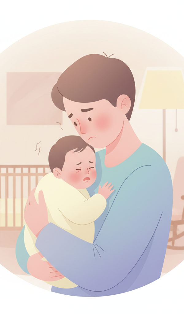 A parent gently soothing a baby who is showing signs of being overtired, emphasizing the difficulty and closeness of the interaction.