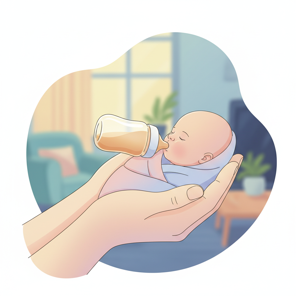 A close-up of a parent gently holding a baby in a semi-upright position while bottle-feeding, with focus on the baby's calm expression during the paced feed