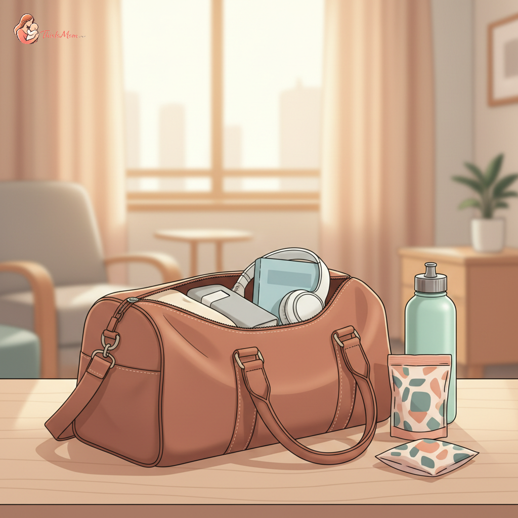 A well-organized hospital bag for dad, open with neatly packed essentials spread around it, perhaps including a phone charger, snacks, a book, and a travel pillow, suggesting readiness and support during birth.