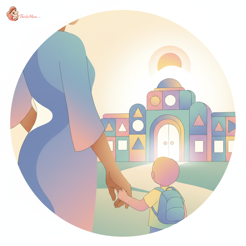 A parent gently holding their child's hand while looking towards a brightly lit daycare entrance, conveying a mix of apprehension and hope, with the child looking curious.