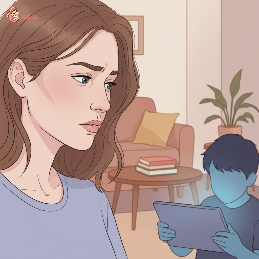 A tired parent looking at their child engrossed in a tablet, with stress lines visible on the parent's face in a dimly lit living room.