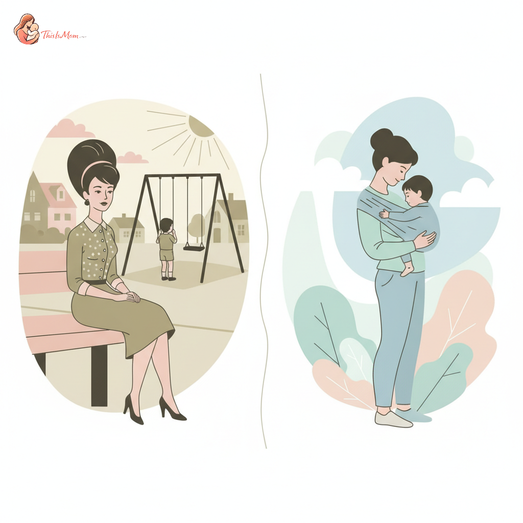 Split image showing a 1960s mother with her child (e.g., child playing quietly in a playpen) and a modern parent with their child (e.g., parent engaging in responsive play or comforting a child).