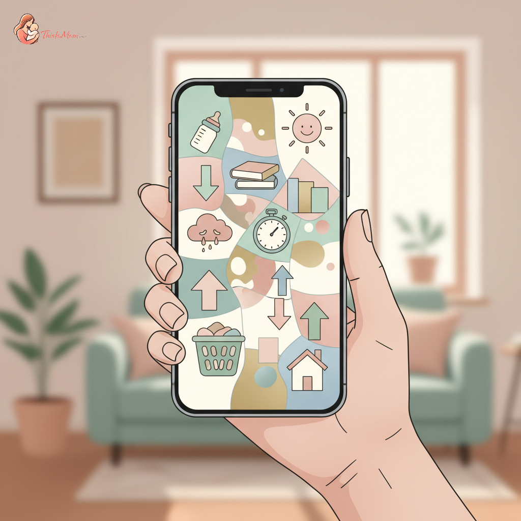 A confused parent looking at multiple overlapping social media feeds displaying conflicting parenting advice, with a filter that highlights confusion and information overload.