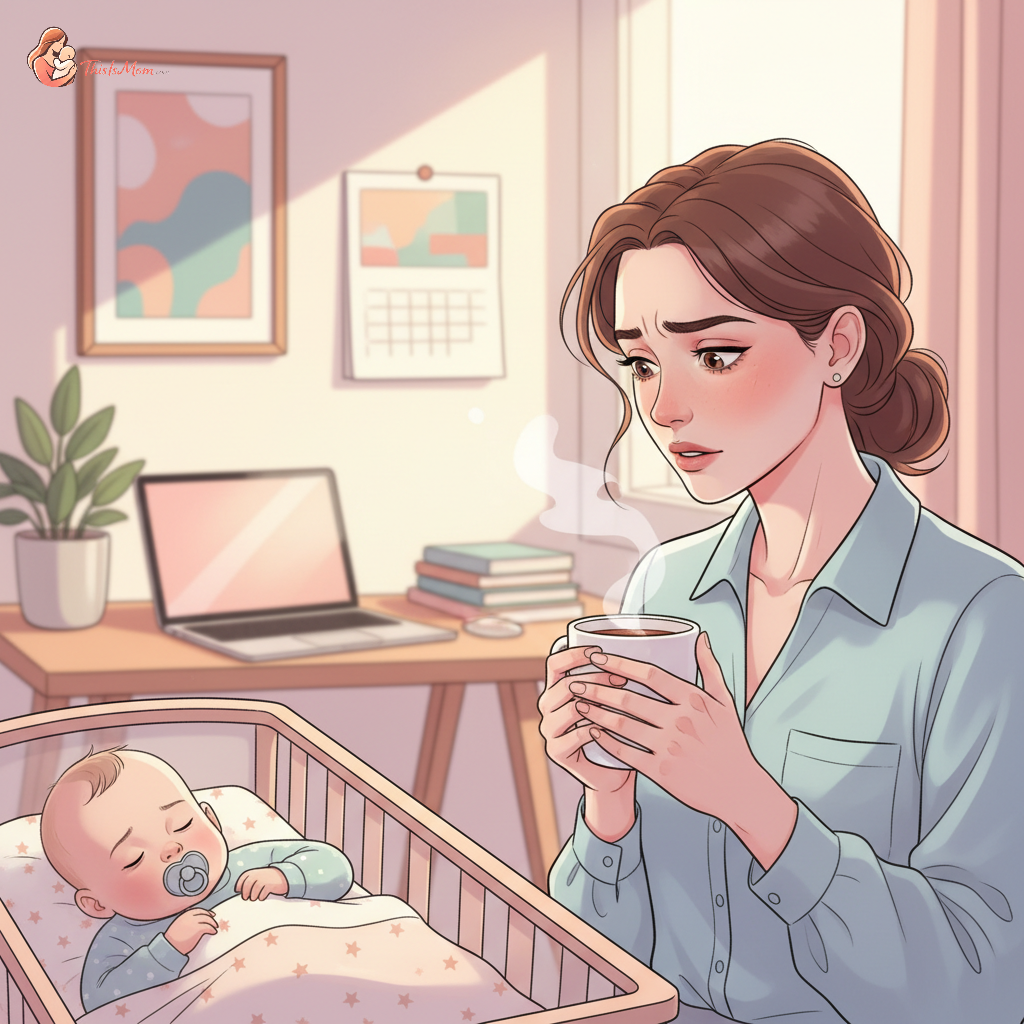 Stressed parent looking at a calendar and a baby sleeping in a crib in a modern suburban home setting, representing the juggle of work and infant care.