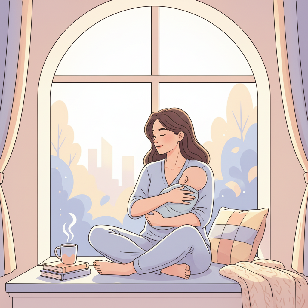 Woman looking thoughtfully out a window while holding a baby, soft natural light