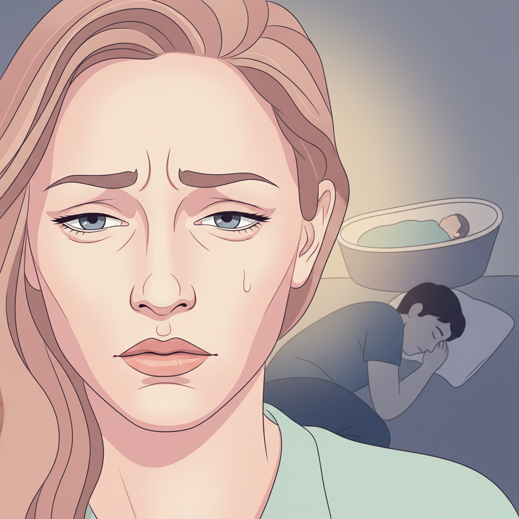 A tired woman with a baby sleeping in a bassinet, looking distressed while her partner sleeps soundly nearby, in a dimly lit bedroom, conveying isolation and frustration.