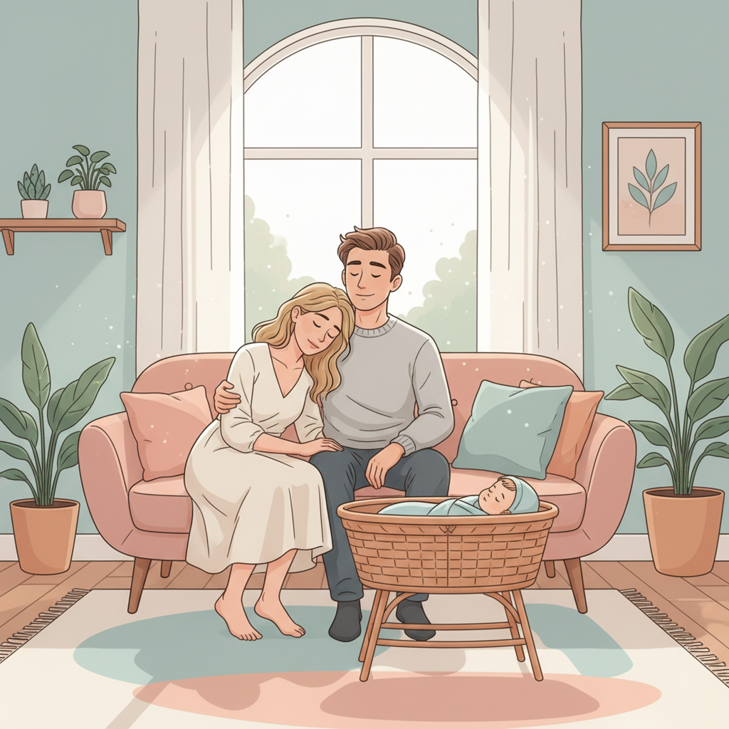 A supportive husband gently holding his wife's hand while she looks exhausted, with a baby in a bassinet nearby.